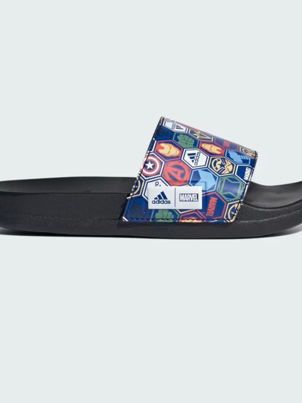 adidas Black Slide with Multicolor Marvel Shield Graphics